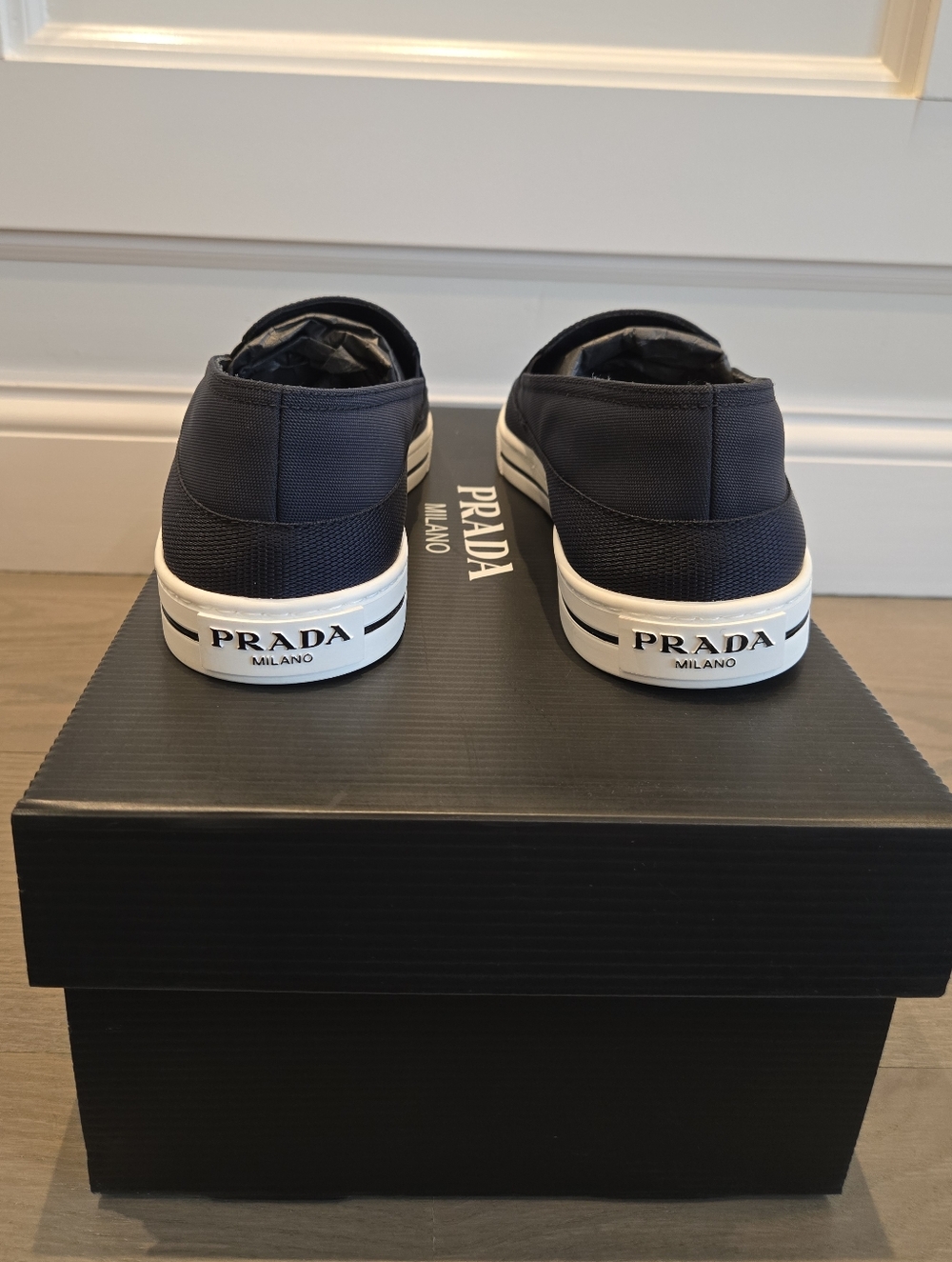 $1,020 PRADA Triangle Logo Slip-On Nylon Blue Sneakers UK 7 US 8 EU 41 BNIB - Picture 7 of 9